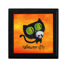 Gato negro de Halloween con el cráneo Cajas De Recuerdo