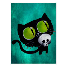 Gato negro de Halloween con el cráneo Postal