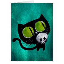 Gato negro de Halloween con el cráneo Tarjeton