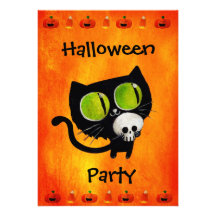 Gato negro de Halloween con la invitación del fies