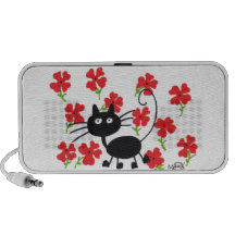 Gato negro del dibujo animado y flores rojas PC altavoces