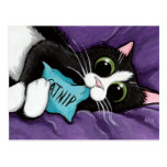 Gato negro y blanco con la almohada del Catnip - a Tarjeta Postal