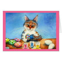 Gato que pinta los huevos de Pascua con la cola Tarjetón