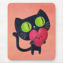 Gato romántico que abraza el corazón lindo rojo alfombrillas de ratones