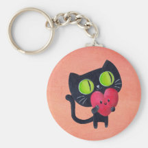 Gato romántico que abraza el corazón lindo rojo llaveros