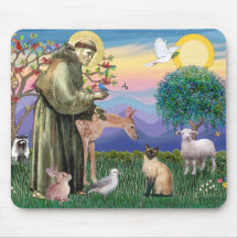 Gato siamés y St Francis Alfombrillas De Raton