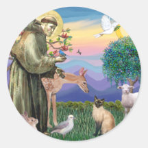 Gato siamés y St Francis Etiqueta Redonda