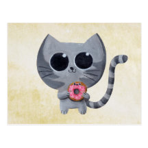 Gato y buñuelo grises lindos tarjeta postal