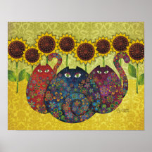 gatos con la impresión de la lona de los girasoles poster
