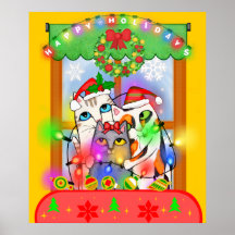 Gatos del navidad que cuelgan luces del día de fie impresiones