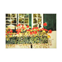 "Geranios rojos en caja de ventana" en arte de la  Impresion En Lona