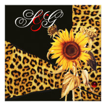 GIRASOL, CINTA DE LA PIEL DEL LEOPARDO, PIEDRA PRE INVITACION PERSONALIZADA