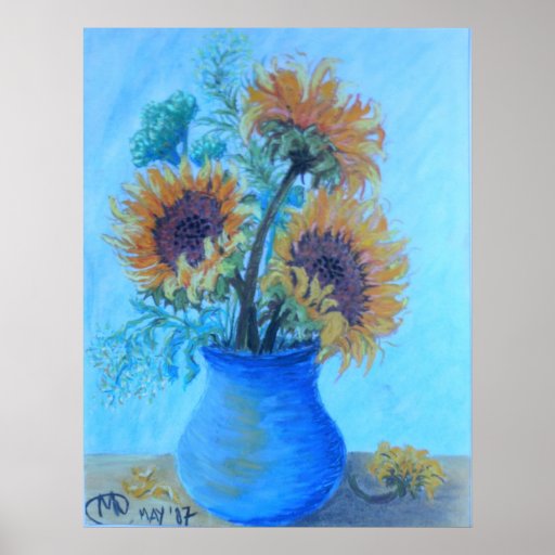 Girasoles en un florero azul impresiones