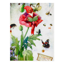 Gnomo en una flor de la amapola tarjetas postales