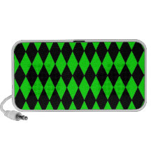 Golpeteo del Harlequin de la verde lima de neón y  iPod Altavoces