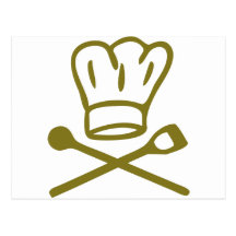 gorra de oro del cocinero con el icono de madera d postal