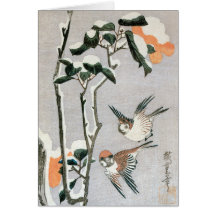 Gorriones y camelia en nieve de Ando Hiroshige Tarjeta