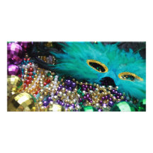 Gotas del carnaval y máscara verde de la pluma tarjetas con fotos personalizadas