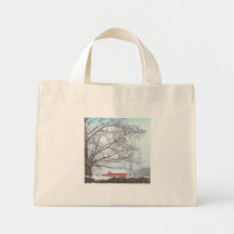 Granero rojo en invierno bolsas de mano
