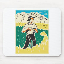 granjero con el campo derecho de la guadaña retro alfombrillas de raton