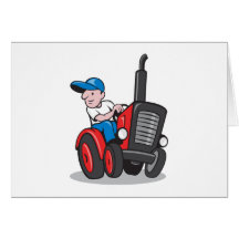 Granjero que conduce el dibujo animado del tractor felicitación