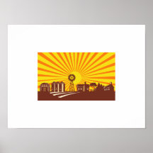 Granjero y granja con el tractor poster