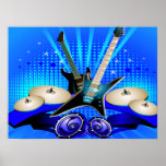 Guitarras eléctricas, tambores y altavoces azules posters