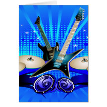 Guitarras eléctricas, tambores y altavoces azules felicitaciones
