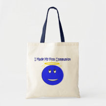 Hice mi primer smiley del azul de la comunión bolsa de mano