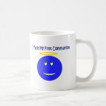 Hice mi primer smiley del azul de la comunión tazas de café