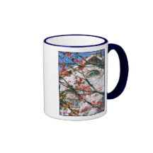 "Hojas de otoño con la taza del cielo azul"