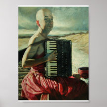 Hombre calvo en un vestido rojo con el acordeón poster