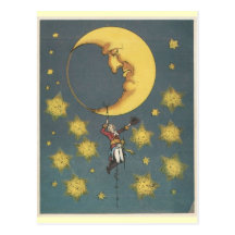 Hombre del vintage que cuelga de la luna postal