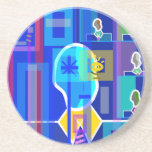 Hombre moderno en transparente azul posavaso para bebida