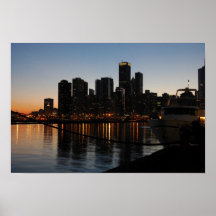 Horizonte de Chicago en la puesta del sol Poster