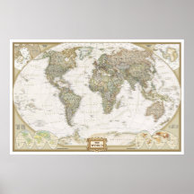 Impresión antigua del poster del mapa del mundo