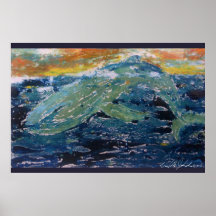 Impresión de la ballena de la puesta del sol poster