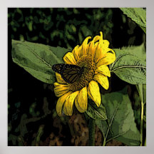 Impresión del girasol y de la mariposa poster