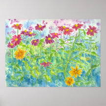 Impresión del jardín del Zinnia y de la margarita Poster