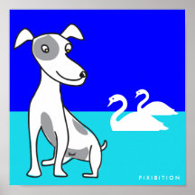 Impresión del perrito y de dos cisnes posters