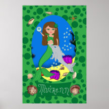 Impresión verde de la sirena y del delfín poster