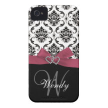Inicial personalizada, rosa, caja negra del damasc iPhone 4 Case-Mate funda