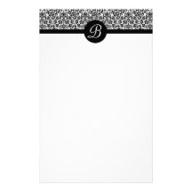 Inmóvil con monograma del damasco blanco y negro papelería personalizada