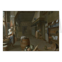 Interior de la cocina con dos criadas que preparan tarjeta