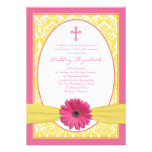 Invitación amarilla rosada del bautismo de la marg