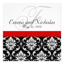 Invitación blanca negra roja del boda del damasco