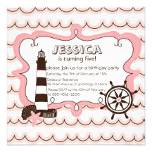 Invitación náutica rosada del cumpleaños del faro