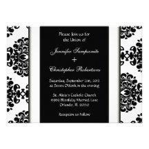 Invitación negra y blanca del boda del damasco