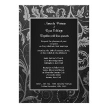 Invitación negra y de plata del boda del damasco