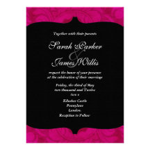 Invitación negra y fucsia de encargo del damasco